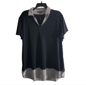 Adrianna Papell Black Blouse with Striped Collar Size 1X